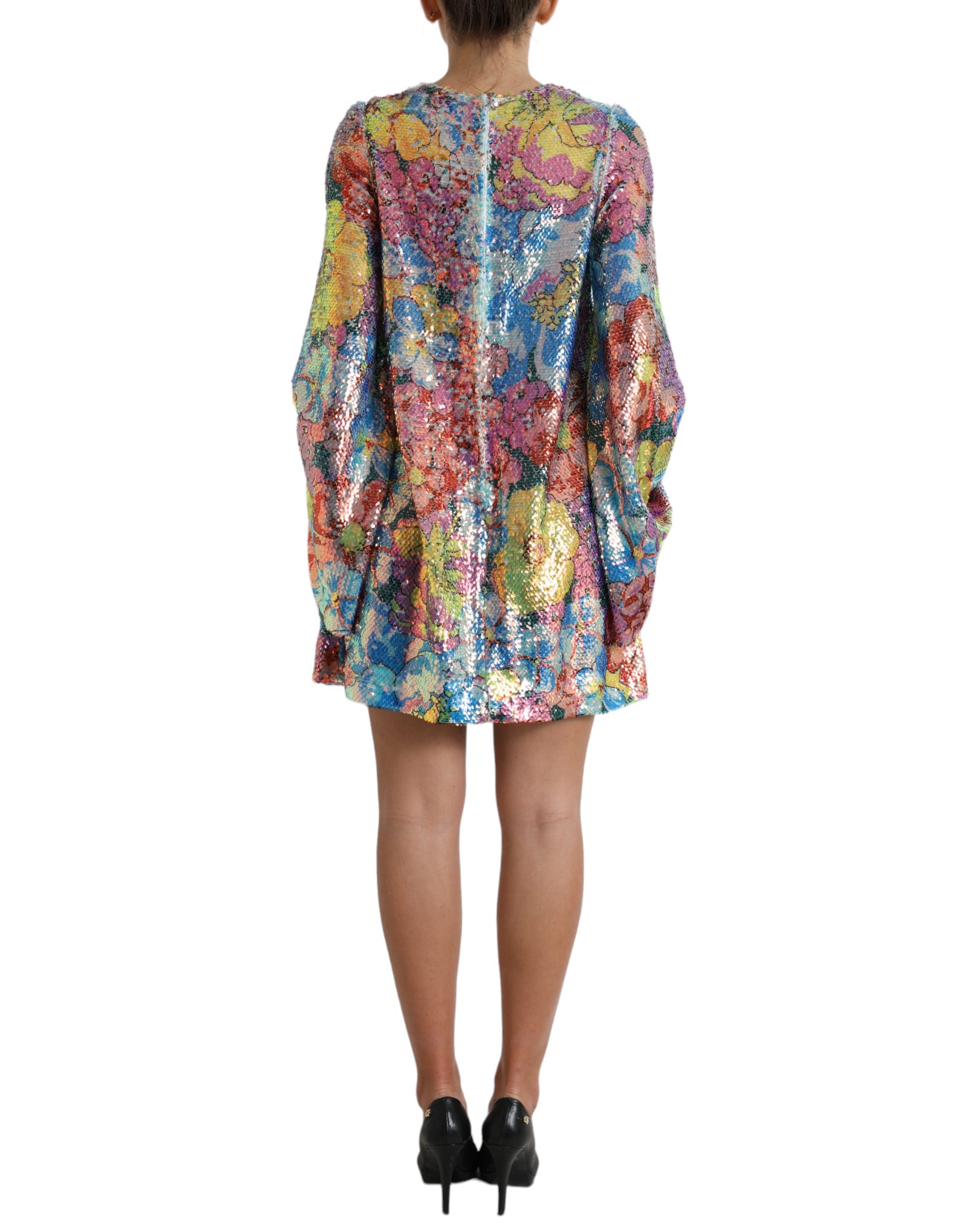 Multicolor floral sequined shift mini dress by Dolce & Gabbana featuring vibrant floral embroidery and shimmering sequins.