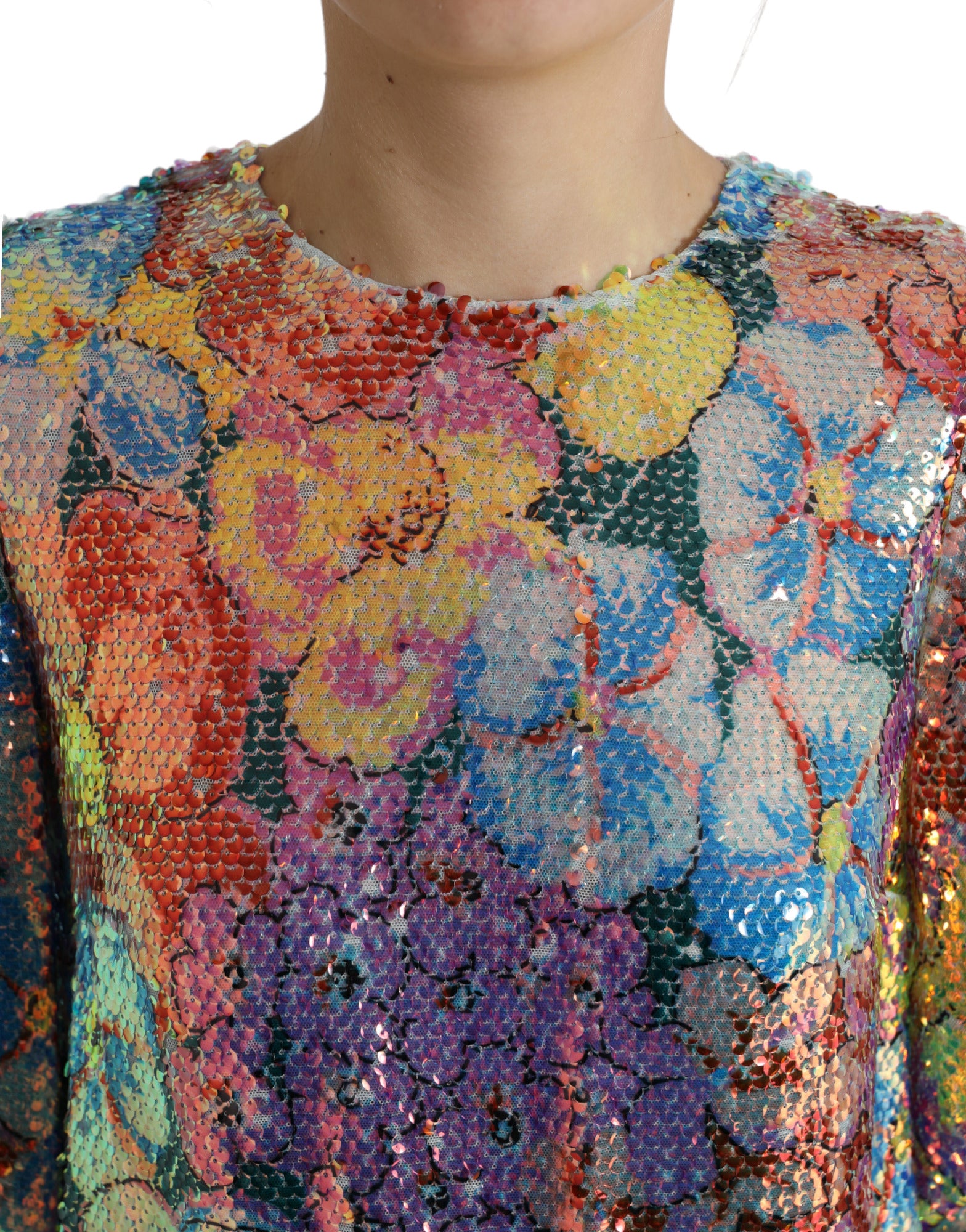 Multicolor floral sequined shift mini dress by Dolce & Gabbana with vibrant floral patterns and shimmering embellishments.