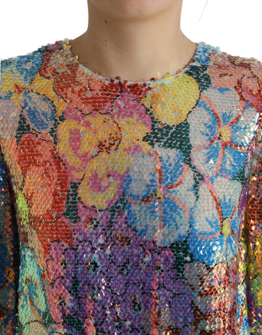 Multicolor floral sequined shift mini dress by Dolce & Gabbana with vibrant floral patterns and shimmering embellishments.