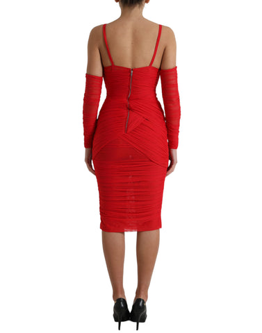 Red nylon stretch cut-out midi dress by Dolce & Gabbana, featuring a sleek fit and stylish cut-out details.