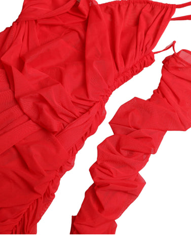 Red nylon stretch cut-out midi dress by Dolce & Gabbana, featuring a fitted silhouette with stylish cut-out details.