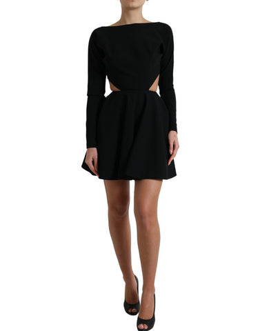 Black viscose cut-out A-line mini dress with long sleeves by Dolce & Gabbana, shown on a model.