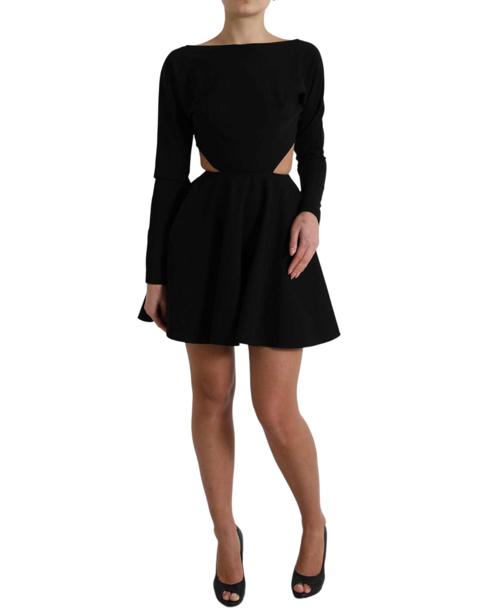 Dolce & Gabbana black viscose mini dress with cut-out details, A-line silhouette, and long sleeves, stylish and elegant.