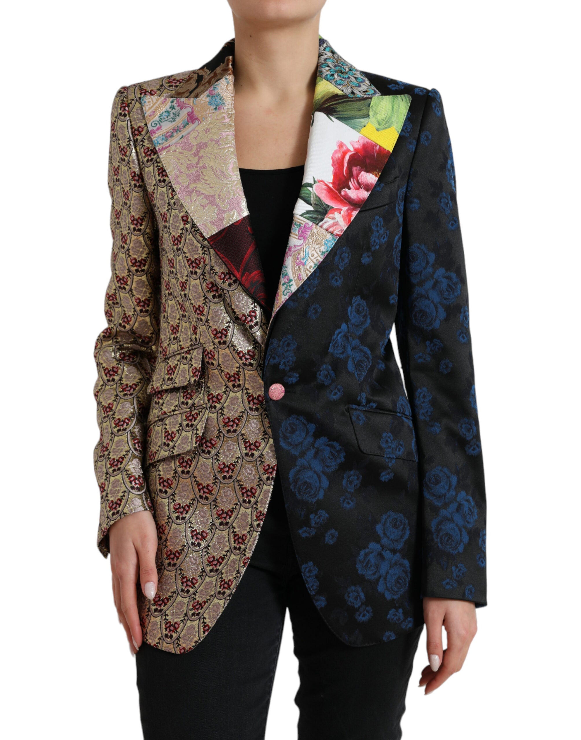 Multicolor floral patchwork jacquard Dolce & Gabbana jacket with intricate floral patterns and textured fabric design.
