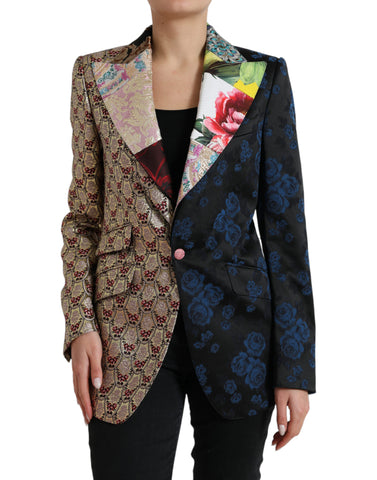 Multicolor floral patchwork jacquard Dolce & Gabbana jacket with intricate floral patterns and textured fabric design.