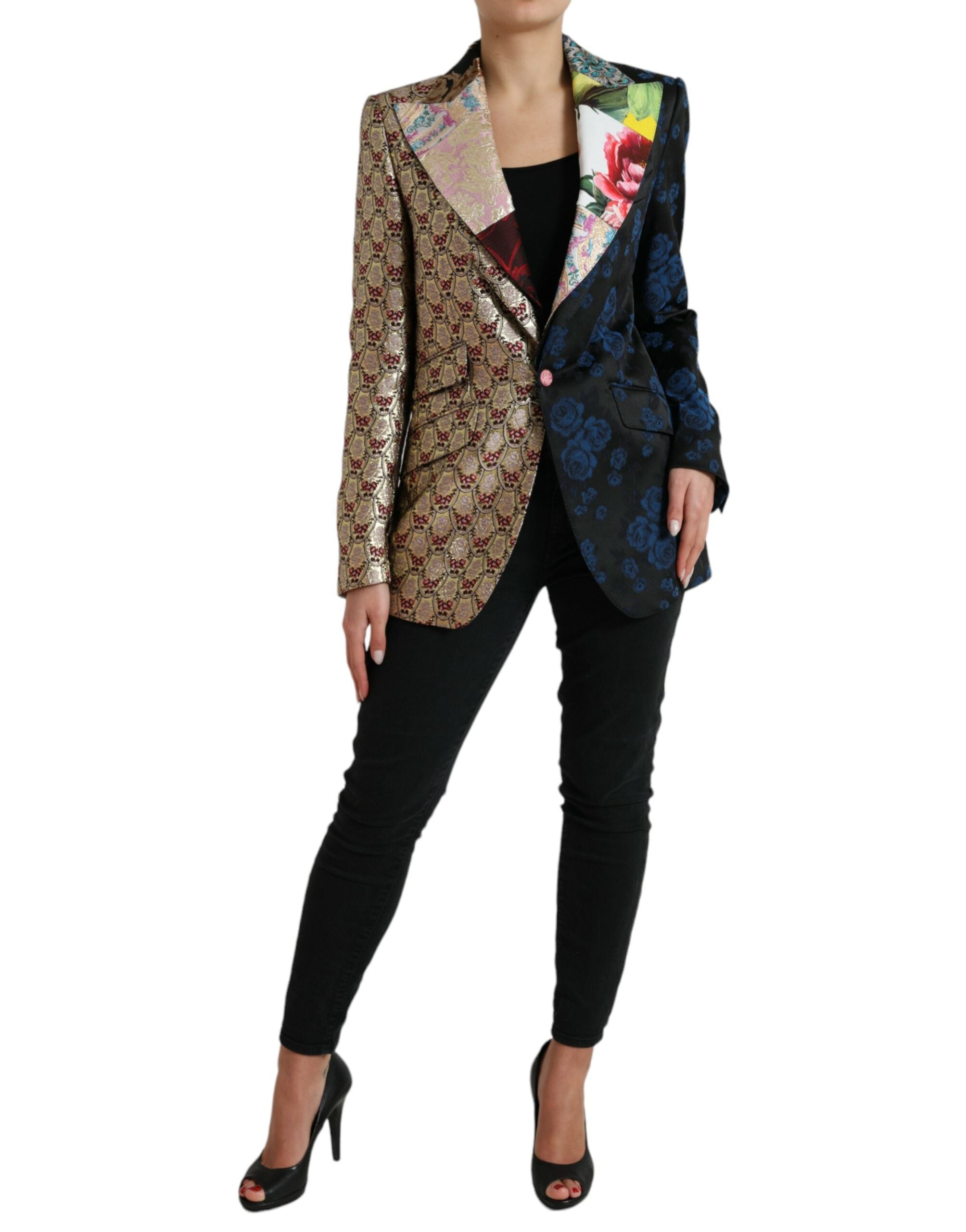 Multicolor floral patchwork jacquard jacket by Dolce & Gabbana with intricate floral patterns and vibrant fabric details.