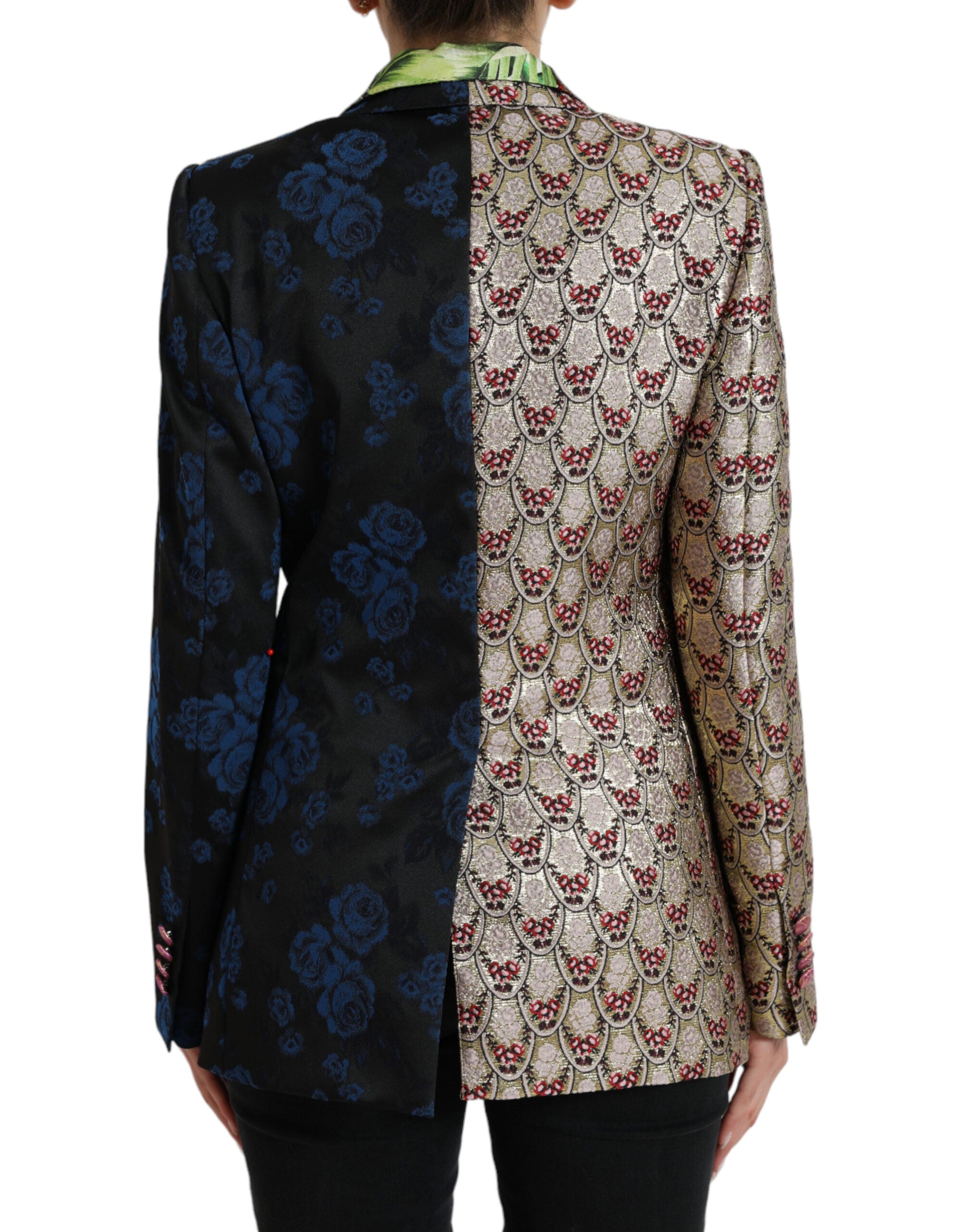 Multicolor floral patchwork jacquard jacket by Dolce & Gabbana featuring vibrant floral patterns and textured fabric details.