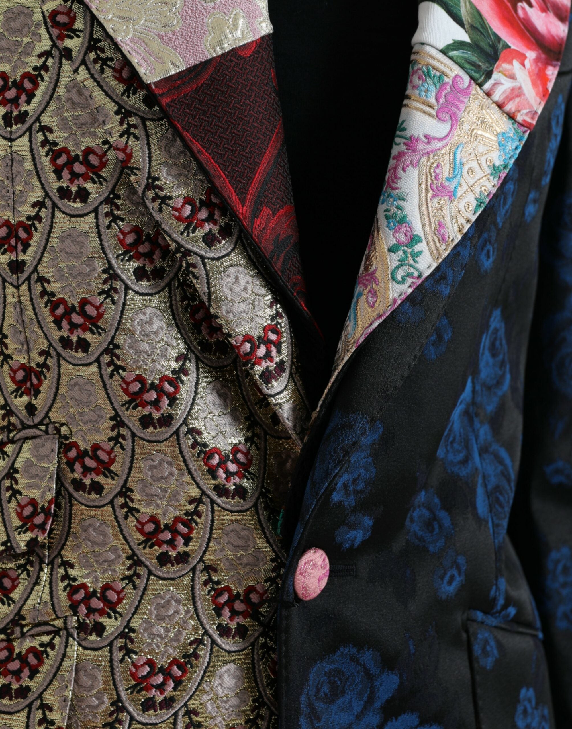 Multicolor floral patchwork jacquard Dolce & Gabbana jacket with intricate floral designs and textured fabric.