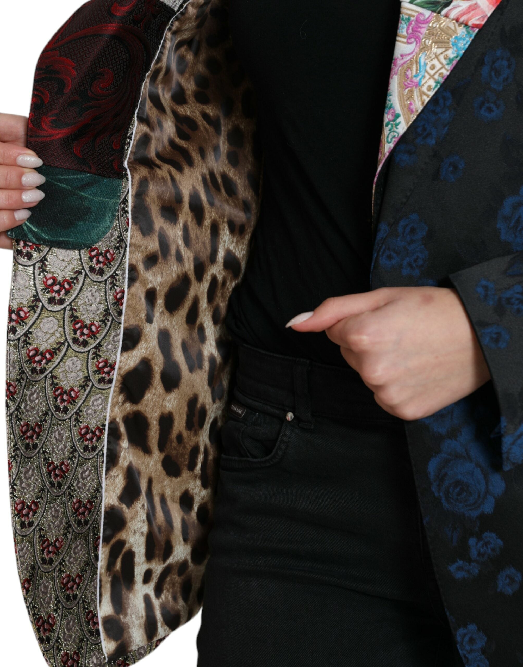 Multicolor floral patchwork jacquard jacket by Dolce & Gabbana featuring vibrant floral patterns and textured fabric.