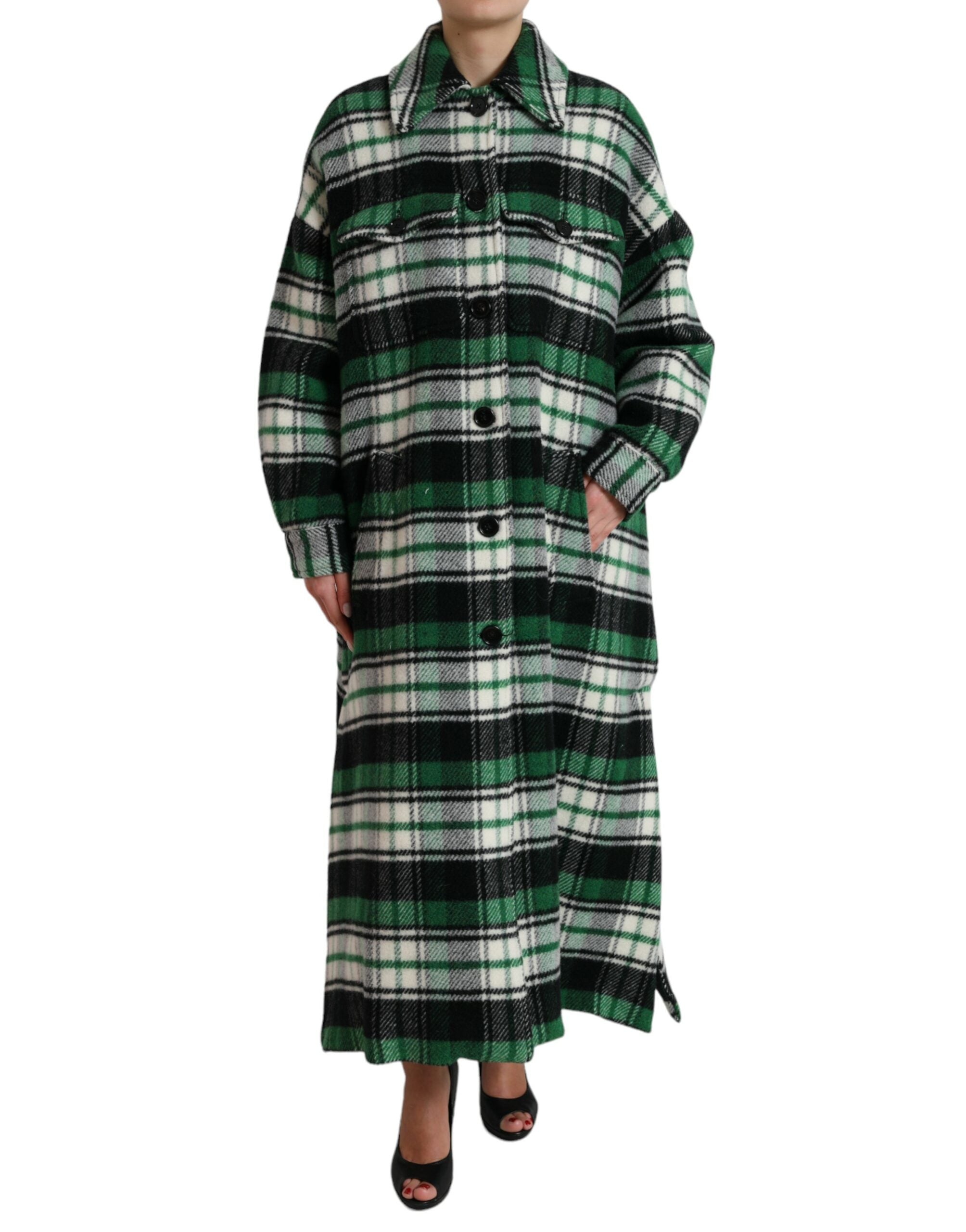 Green plaid long sleeve casual coat jacket by Dolce & Gabbana, featuring a stylish plaid pattern and tailored fit.