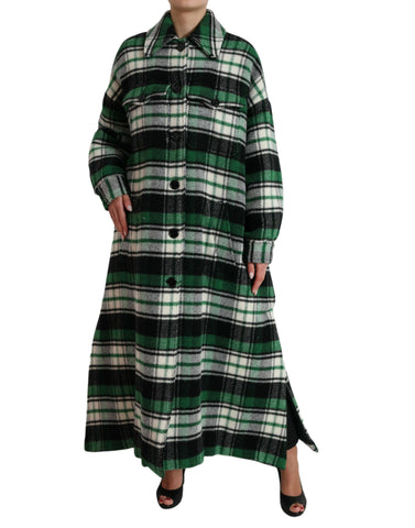 Green plaid long sleeve casual coat jacket by Dolce & Gabbana displayed on a hanger.