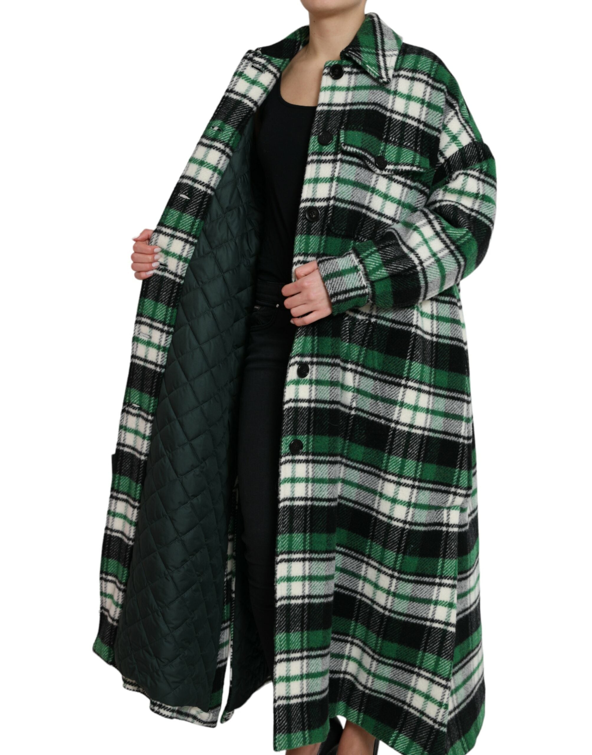 Green plaid long sleeve casual coat jacket by Dolce & Gabbana, featuring a stylish plaid pattern and tailored fit.