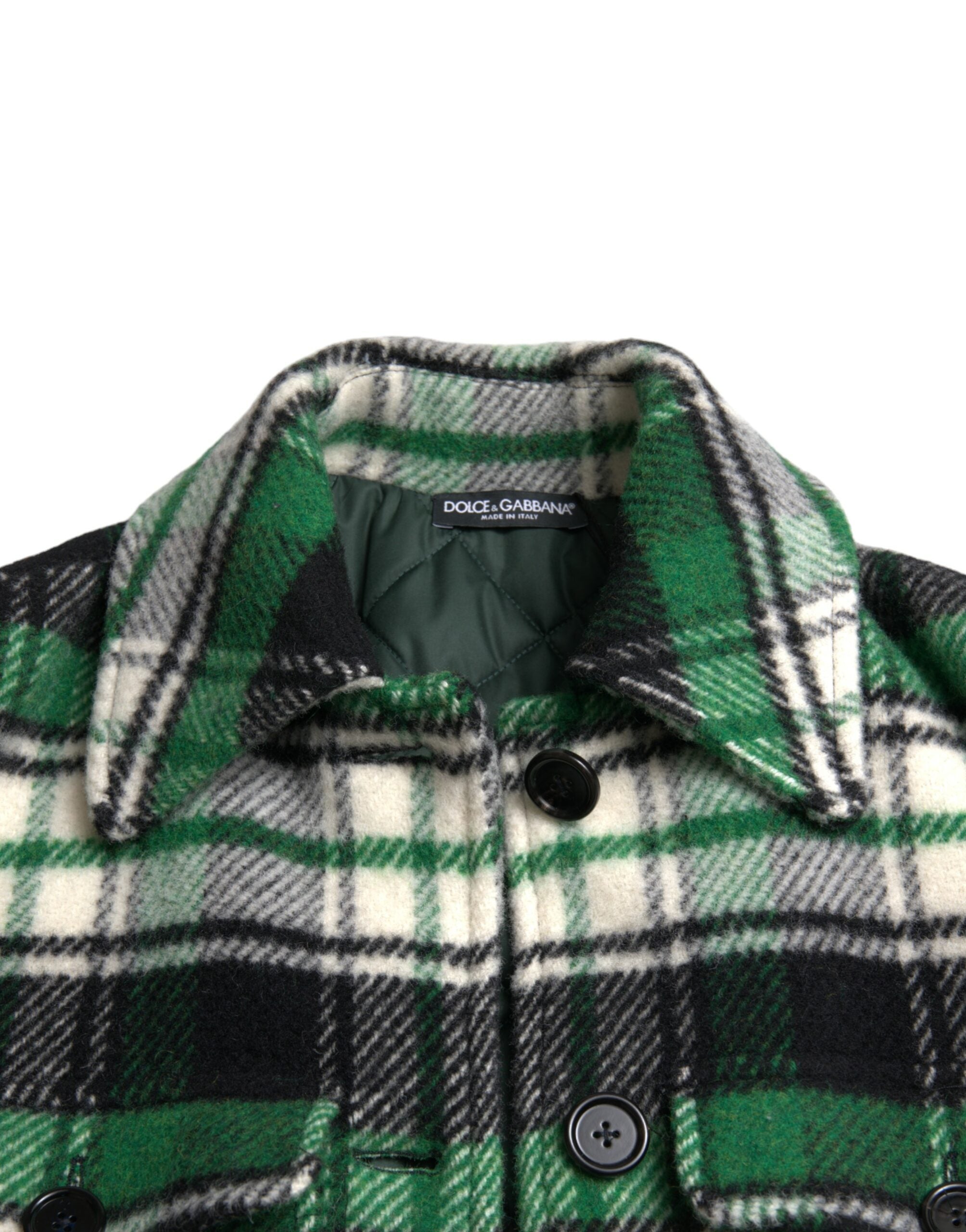 Green plaid long sleeve casual coat jacket by Dolce & Gabbana, featuring a stylish checkered pattern and tailored fit.
