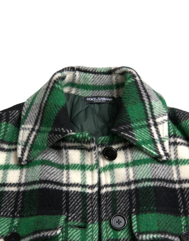 Green plaid long sleeve casual coat jacket by Dolce & Gabbana, featuring a stylish checkered pattern and tailored fit.