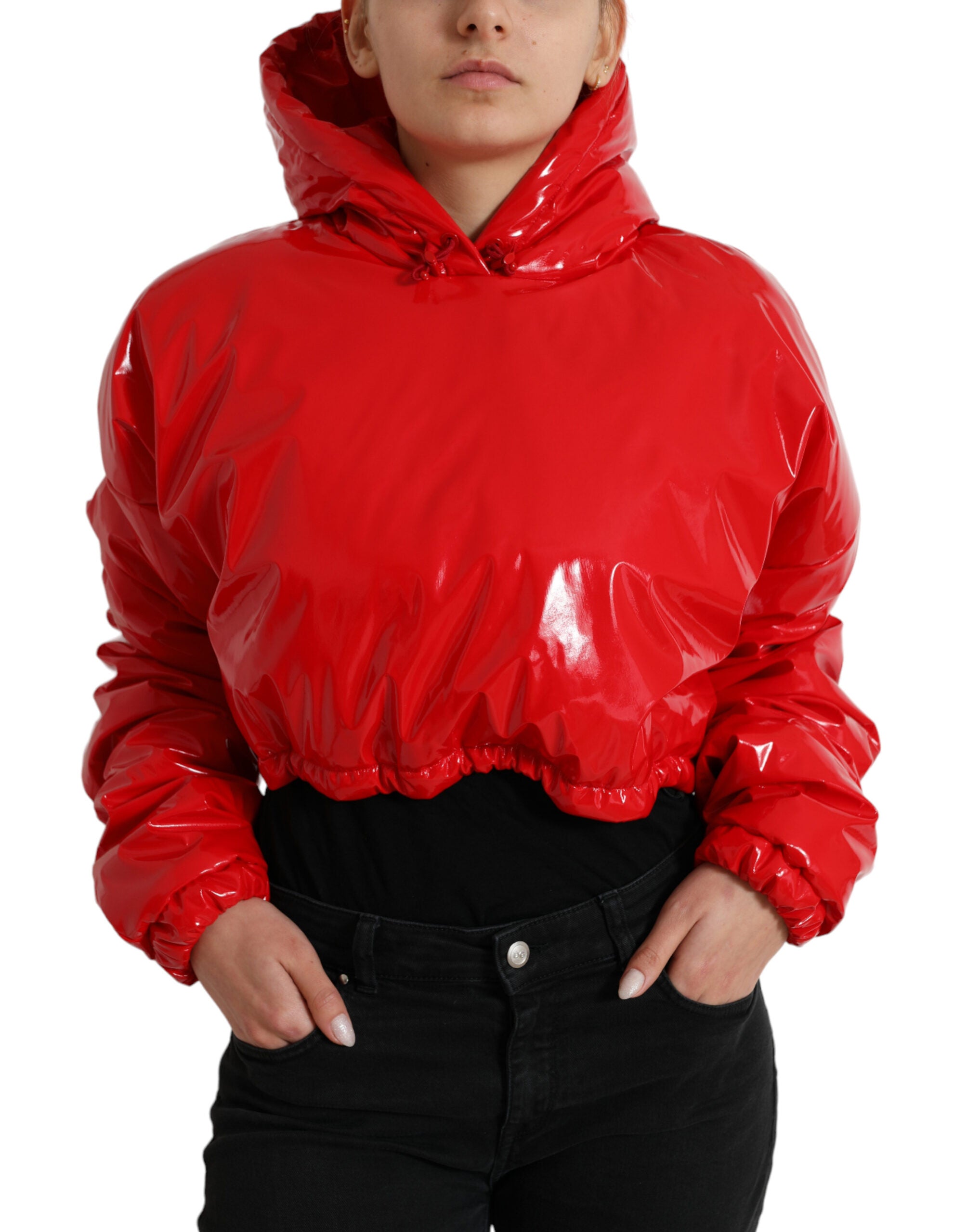 Shiny red hooded cropped short coat jacket by Dolce & Gabbana, featuring a sleek, glossy finish and stylish hood design.