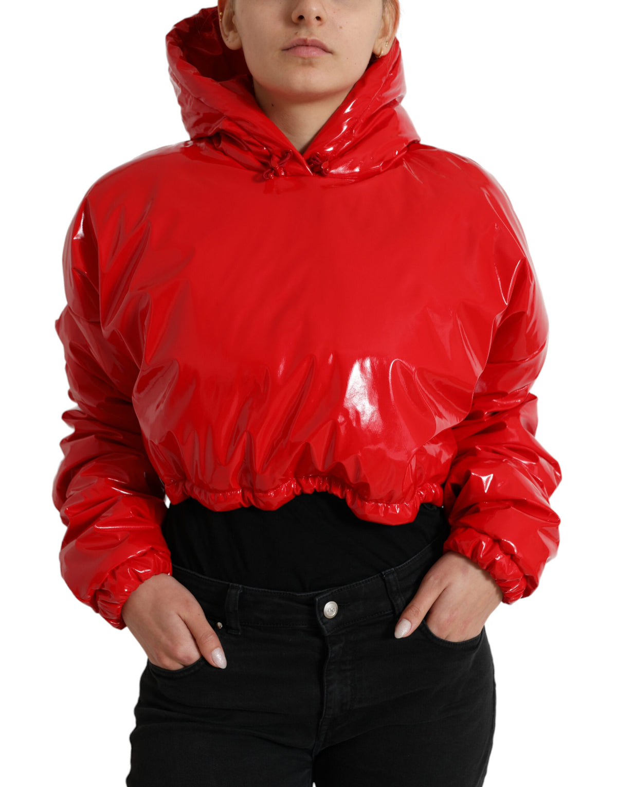 Shiny red hooded cropped short coat jacket by Dolce & Gabbana, featuring a sleek, glossy finish and stylish hood design.