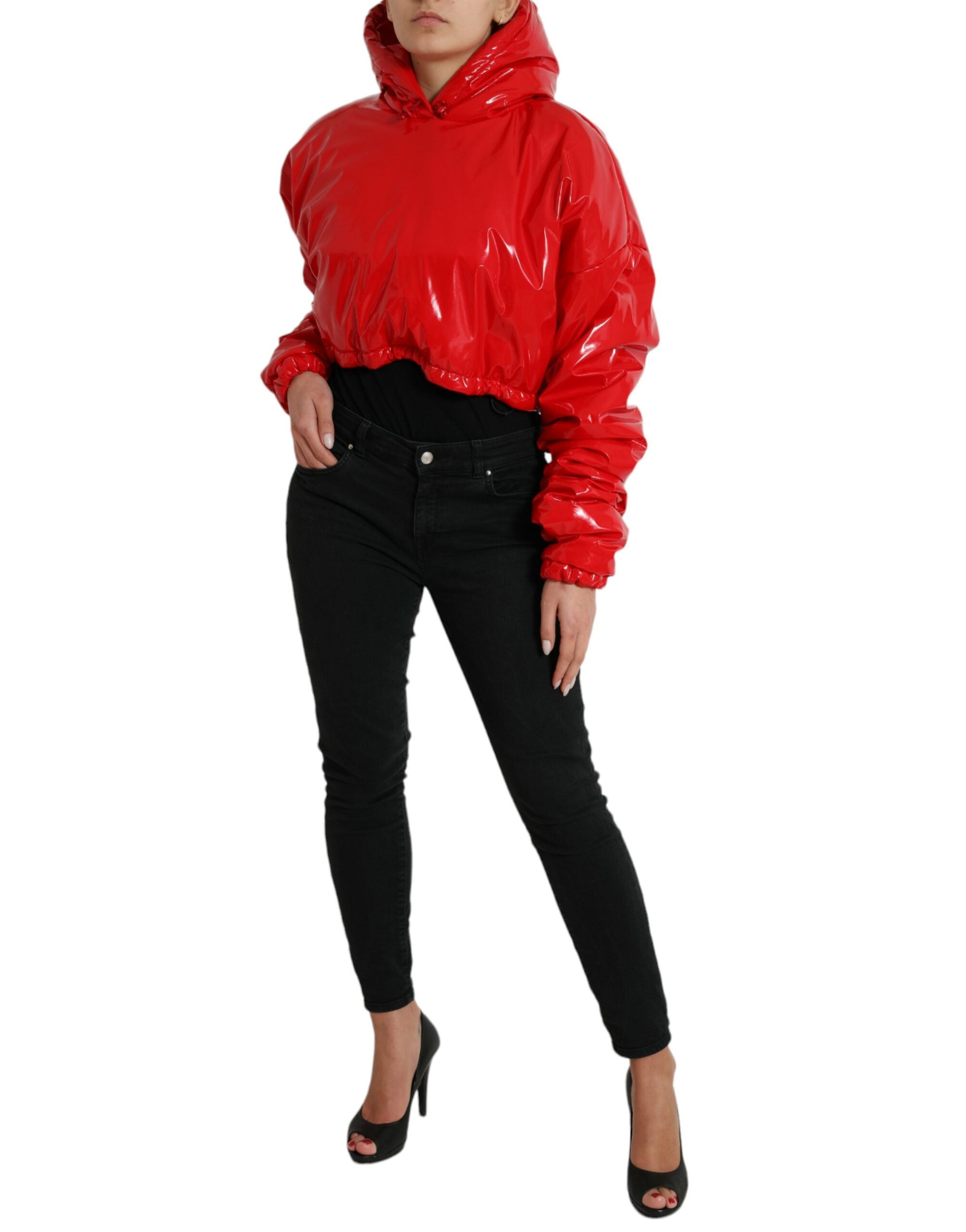 Shiny red hooded cropped short coat jacket by Dolce & Gabbana, featuring a sleek, glossy finish and stylish hood design.