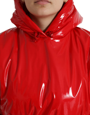 Shiny red hooded cropped short coat jacket by Dolce & Gabbana with a fitted silhouette and stylish design.