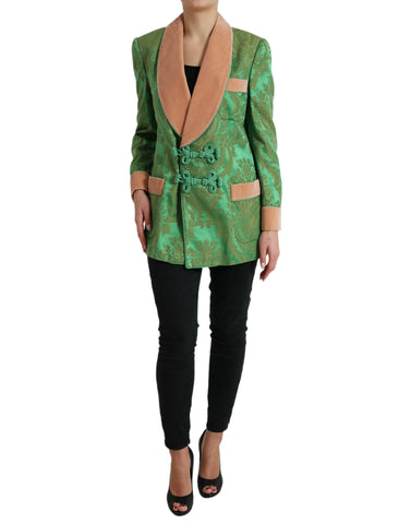 Green floral double-breasted coat jacket by Dolce & Gabbana, featuring a stylish floral pattern and tailored fit.