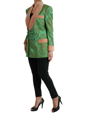 Green floral double-breasted coat jacket by Dolce & Gabbana, featuring a vibrant floral pattern and tailored fit.