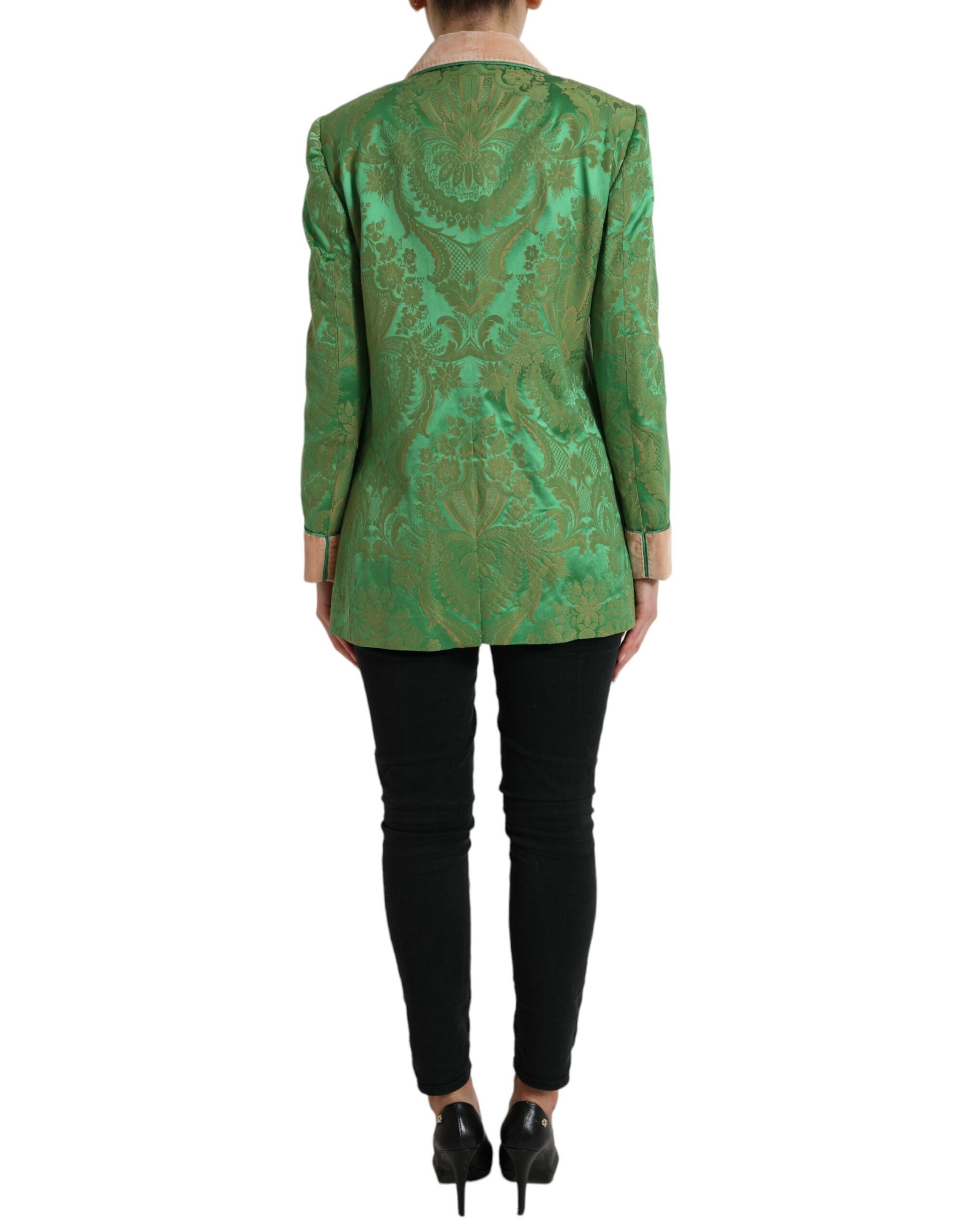 Green floral double-breasted coat jacket by Dolce & Gabbana, featuring a stylish floral pattern and tailored fit.
