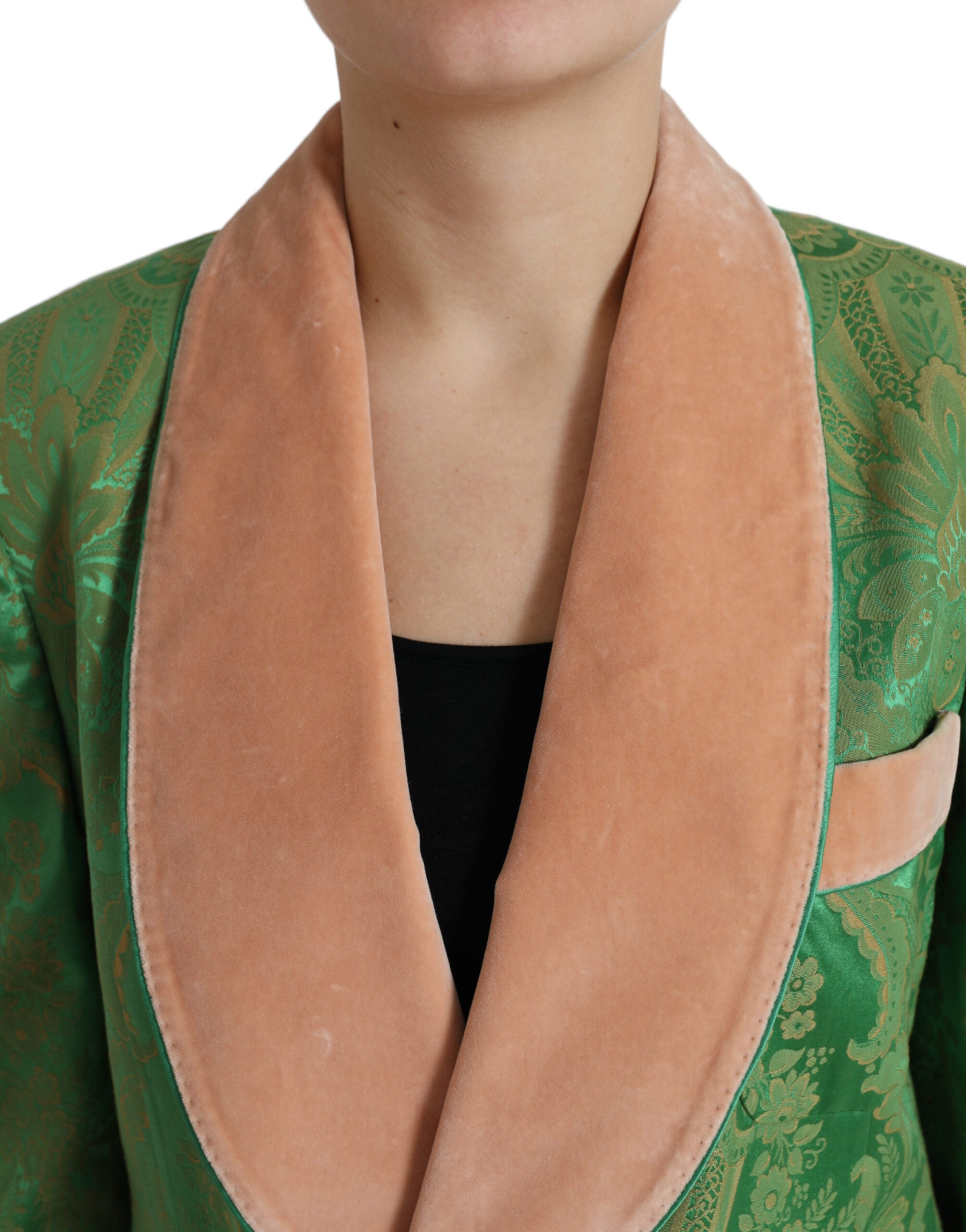 Green floral double-breasted coat jacket by Dolce & Gabbana with a tailored fit and floral print, shown on a model.