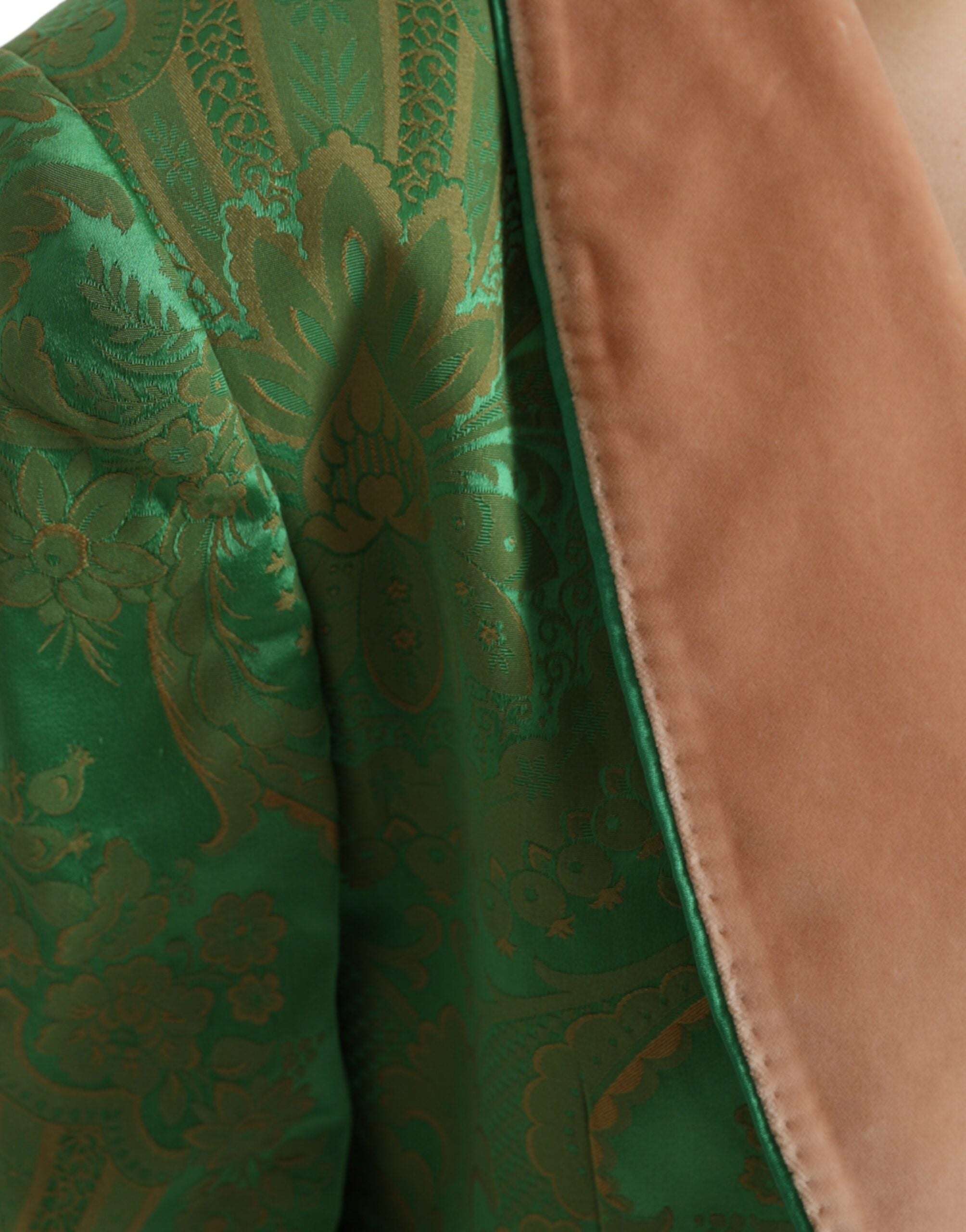 Green floral double-breasted coat jacket by Dolce & Gabbana, featuring a vibrant floral pattern and tailored fit.