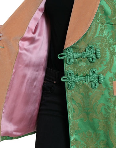 Dolce & Gabbana green floral double-breasted coat jacket with a tailored fit and vibrant floral pattern.