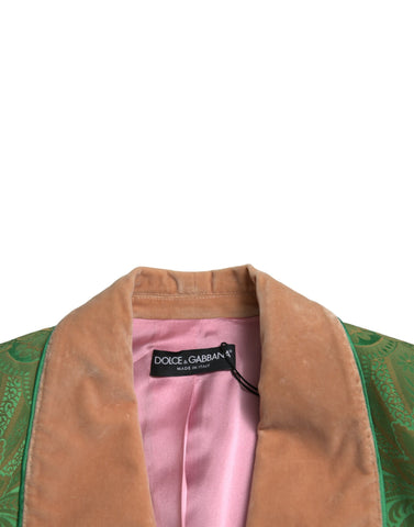 Green floral double-breasted coat jacket by Dolce & Gabbana, with a tailored fit and vibrant floral pattern.