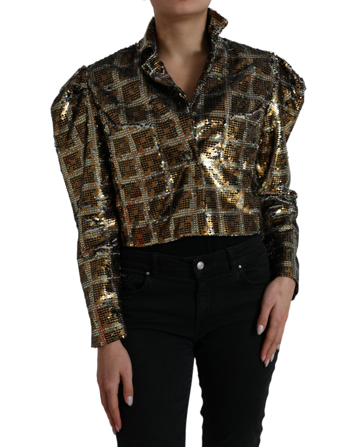 Multicolor polyester sequined cropped jacket by Dolce & Gabbana with sparkling embellishments and a stylish design.