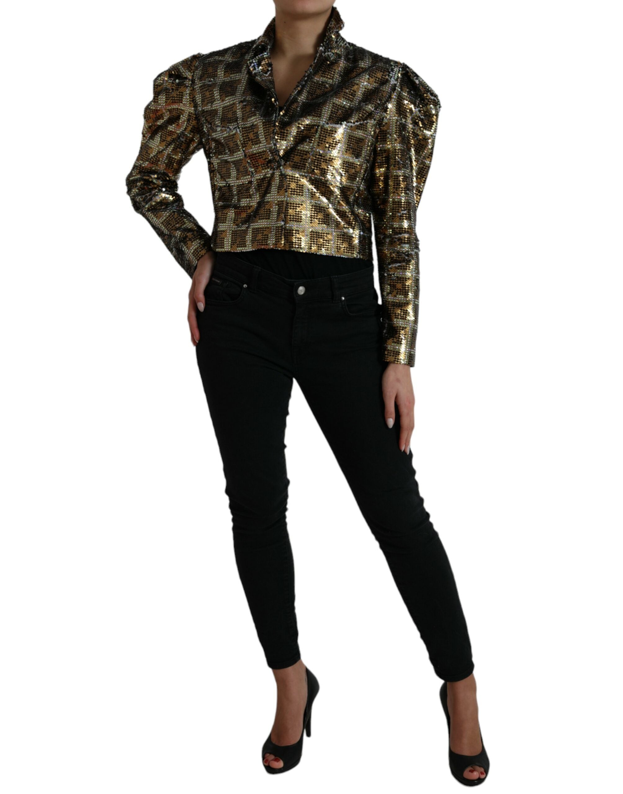 Multicolor polyester sequined cropped jacket by Dolce & Gabbana, featuring vibrant details and a stylish, shiny finish.