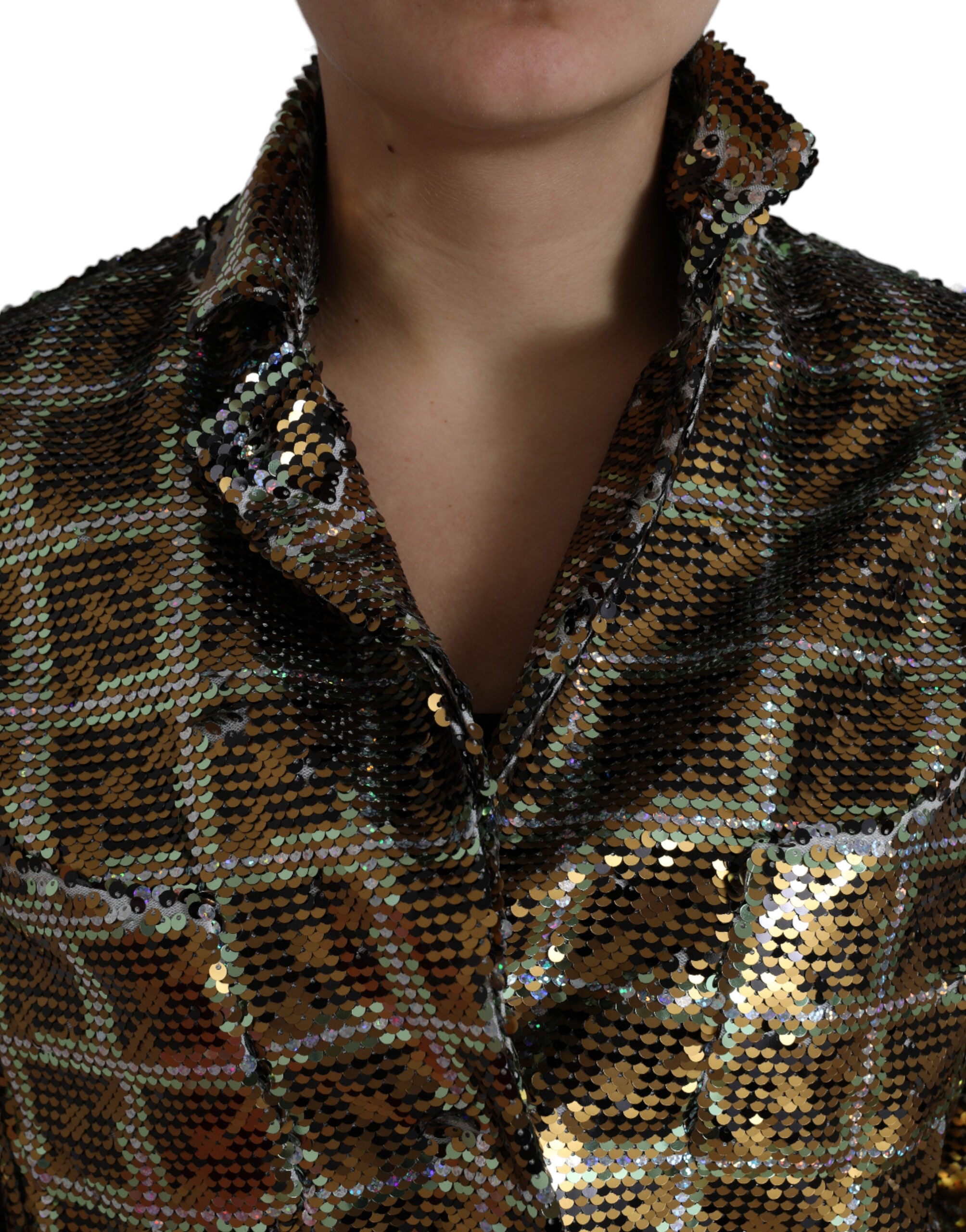 Multicolor polyester sequined cropped jacket by Dolce & Gabbana with shimmering embellishments and a fashionable fit.