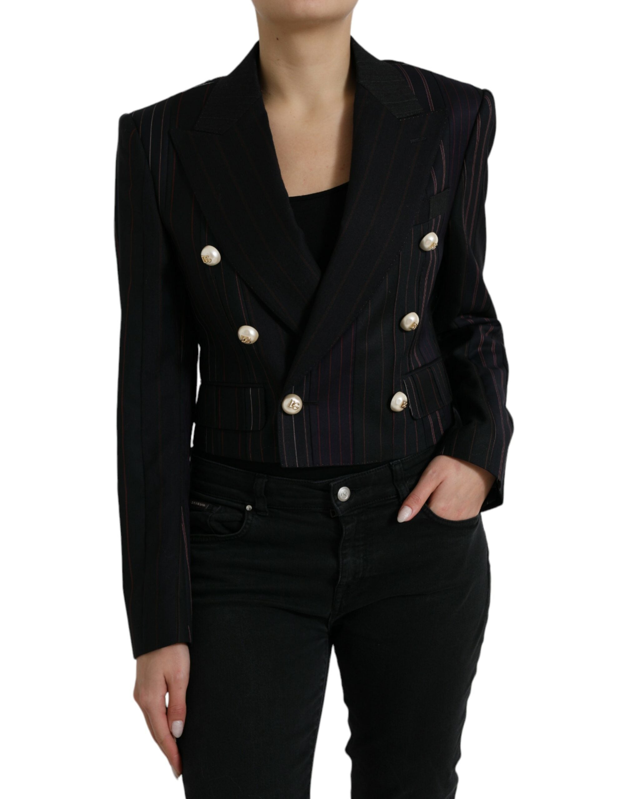 Black striped Sicilia double-breasted jacket by Dolce & Gabbana, shown on a hanger with detailed fabric and classic design.