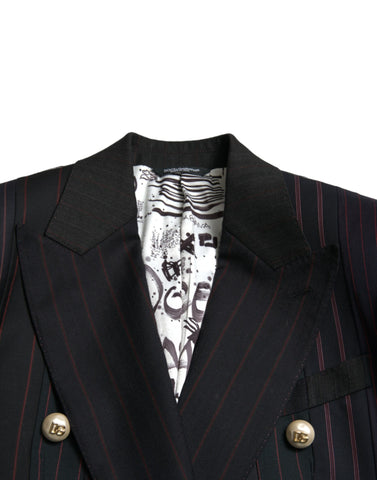 Black striped Sicilia double-breasted jacket by Dolce & Gabbana with tailored fit and classic lapels, displayed on a hanger.
