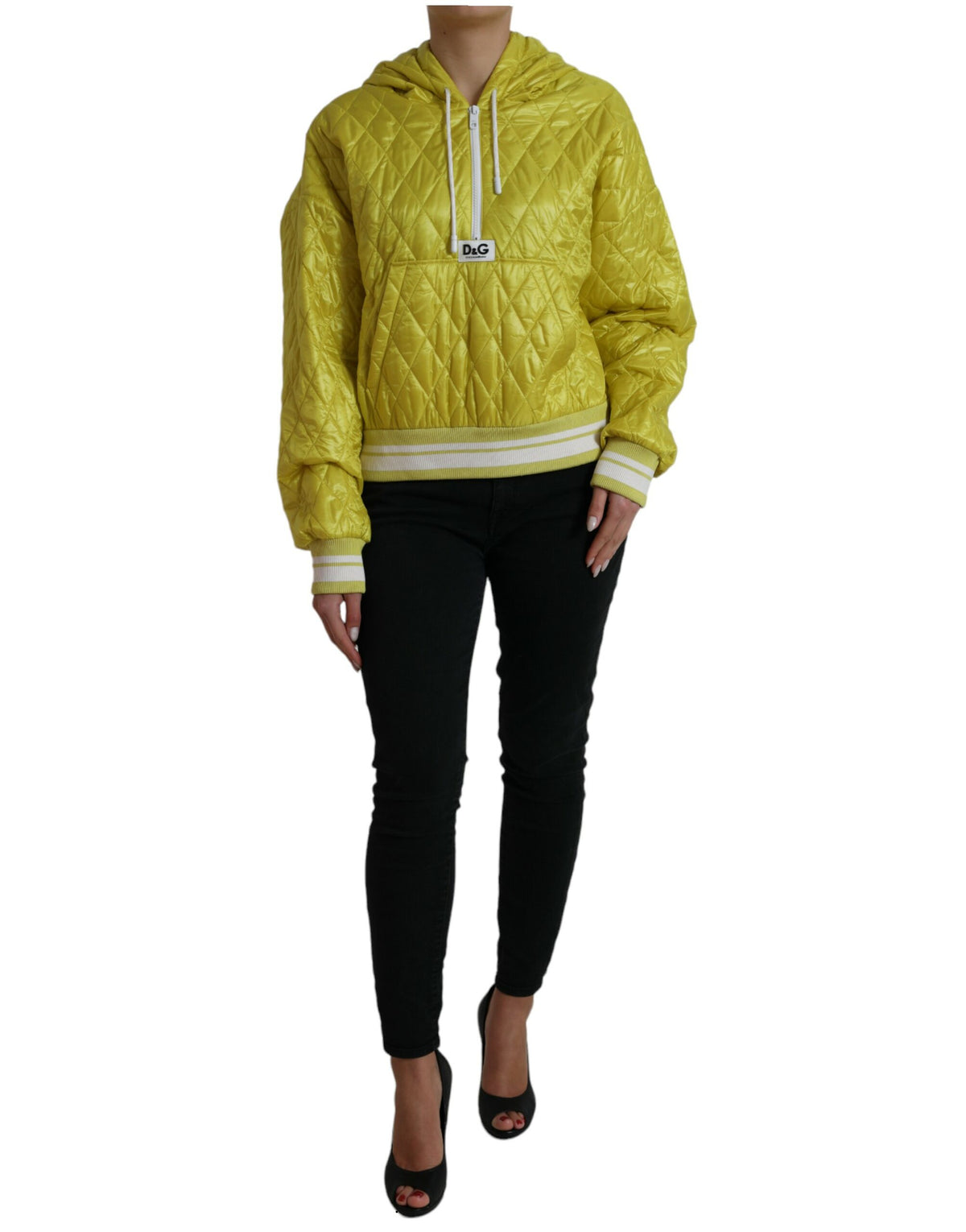 Yellow nylon quilted hooded pullover jacket by Dolce & Gabbana, featuring a quilted design and a hooded collar.