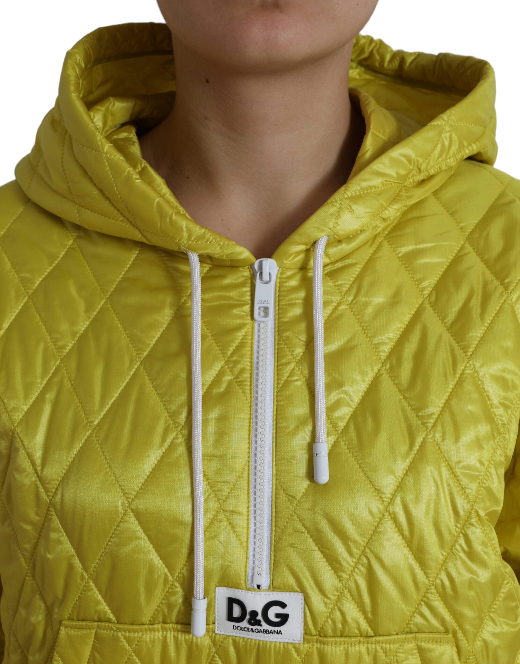 Yellow nylon quilted hooded pullover jacket by Dolce & Gabbana, featuring a casual fit and quilted texture.