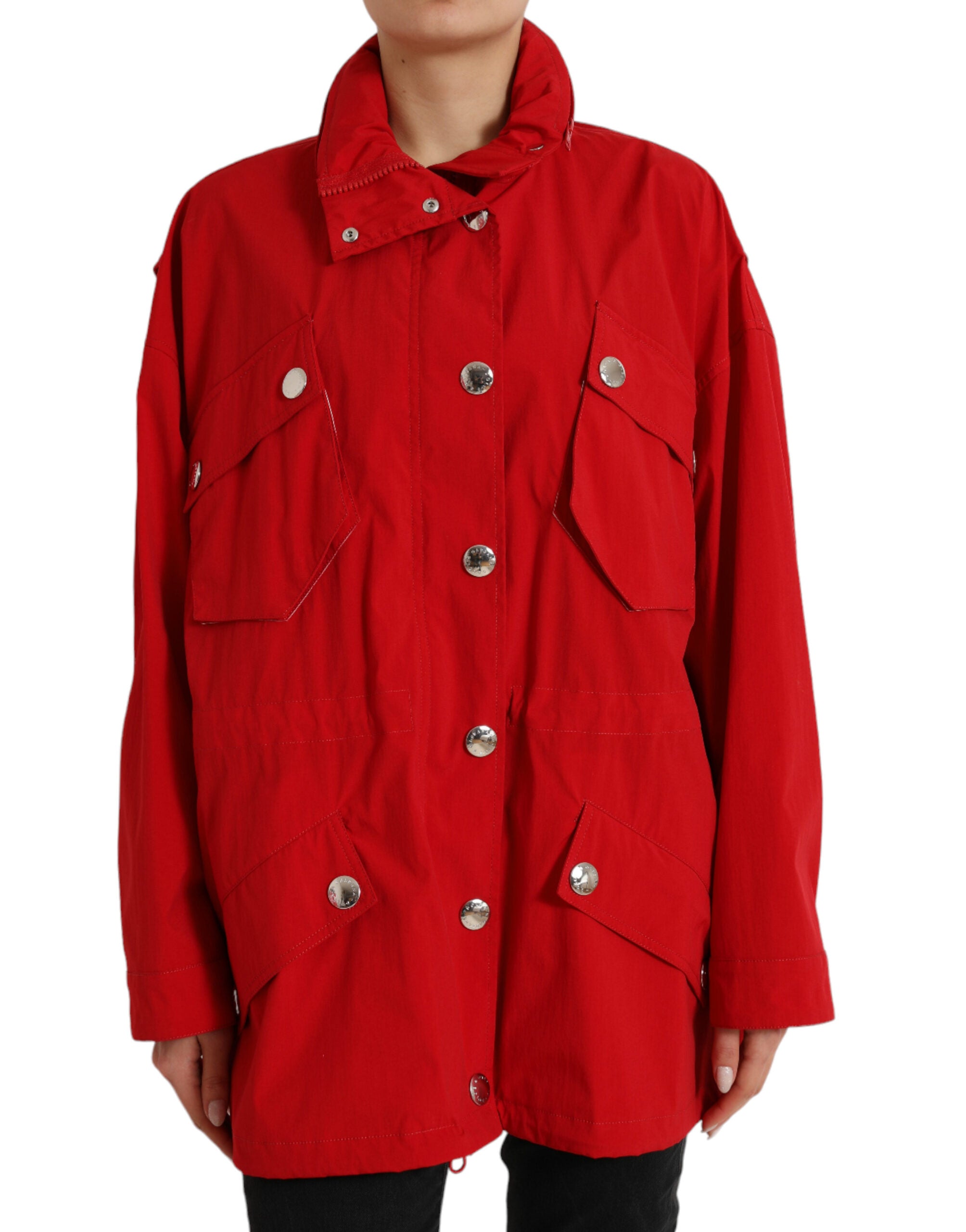 Red polyester hooded rain coat with button closure from Dolce & Gabbana, featuring a stylish waterproof jacket design.