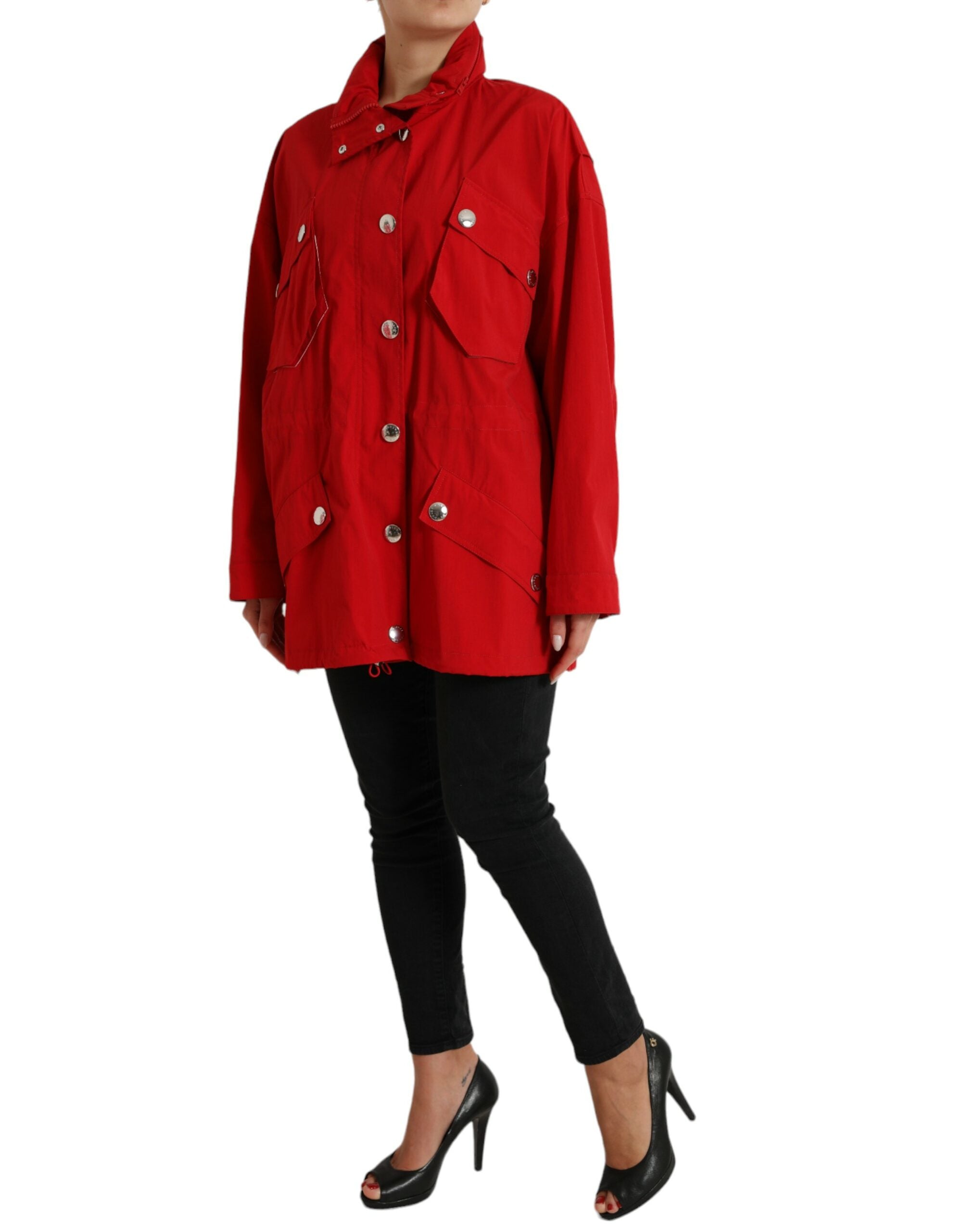 Red polyester hooded rain coat jacket by Dolce & Gabbana with button closure and waterproof design.