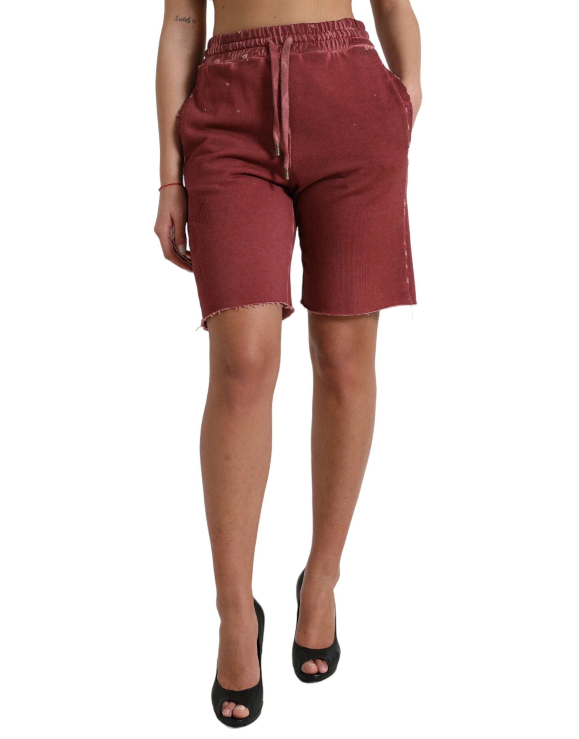 Maroon cotton high waist sweatshorts from Dolce & Gabbana, featuring a relaxed fit and stylish design.