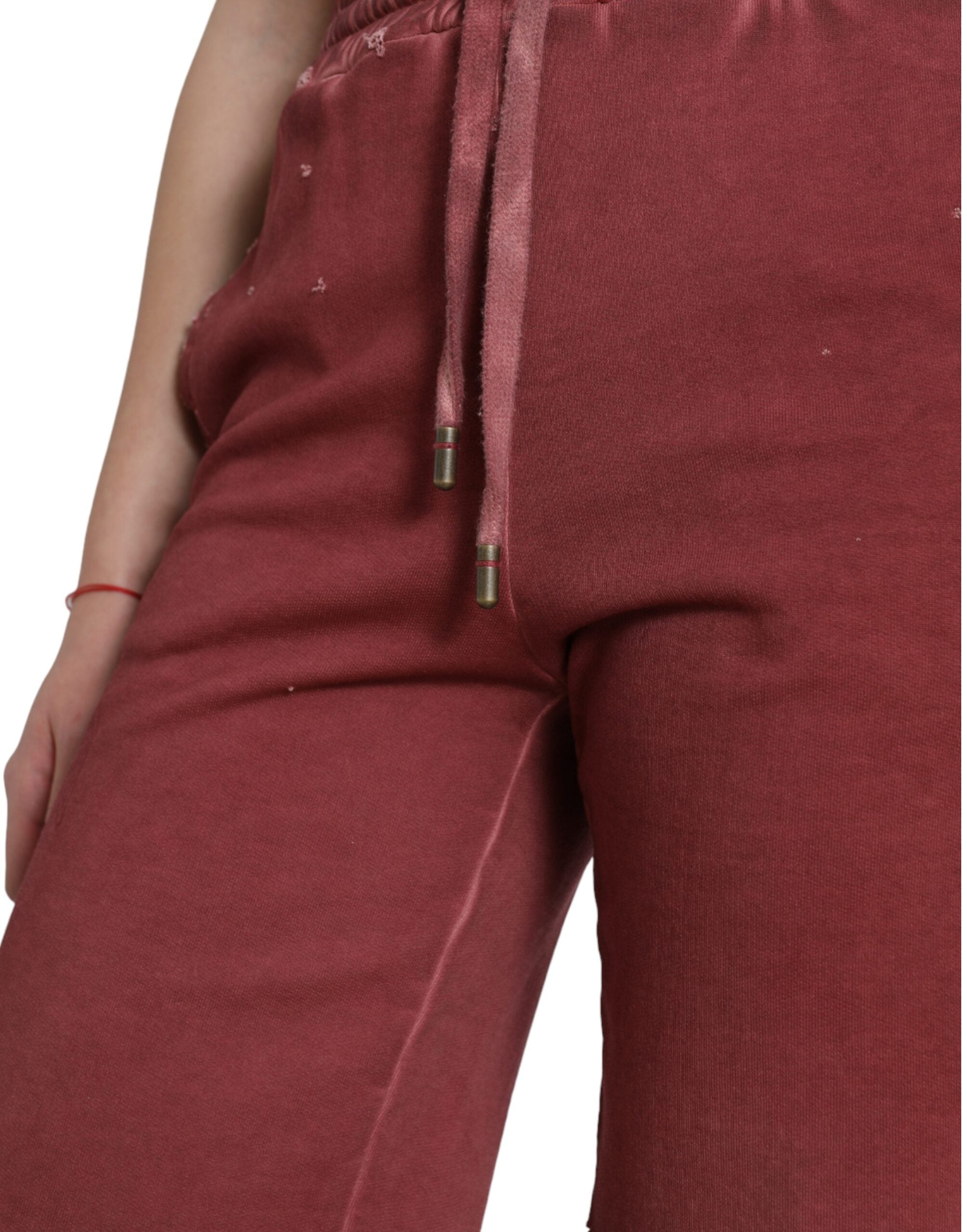 Maroon cotton high waist sweatshorts by Dolce & Gabbana, showing relaxed fit and soft fabric waistband.