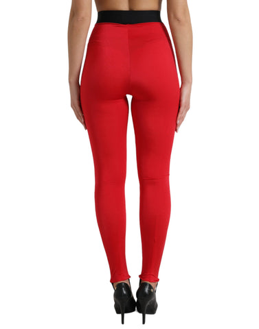Red nylon Dolce & Gabbana logo slim leggings with a fitted design and elastic waistband.