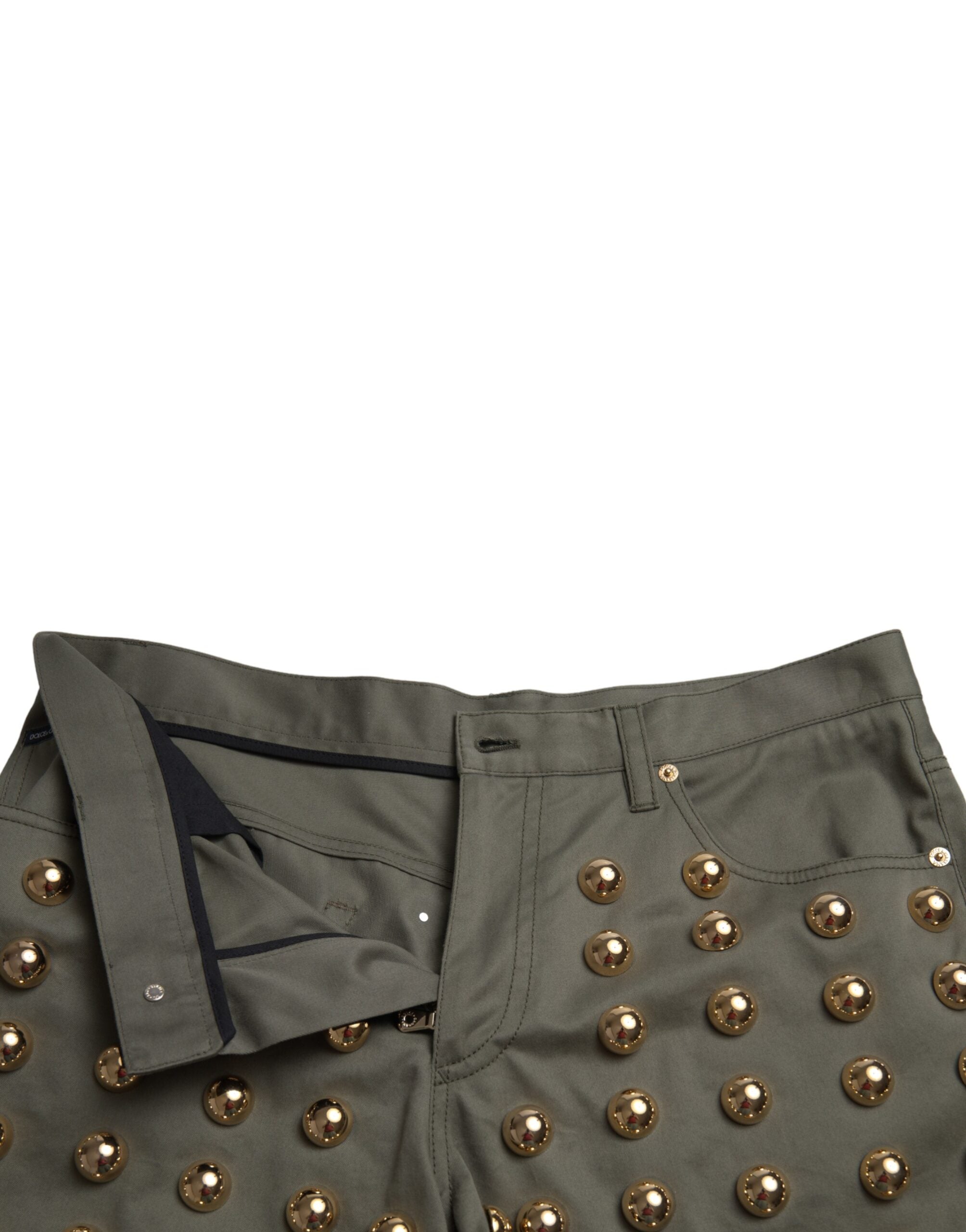 Green cotton high-waist hot pants shorts with embellishments by Dolce & Gabbana, featuring a stylish and fitted design.