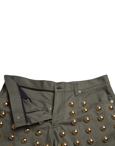 Green cotton high-waist hot pants shorts with embellishments by Dolce & Gabbana, featuring a stylish and fitted design.