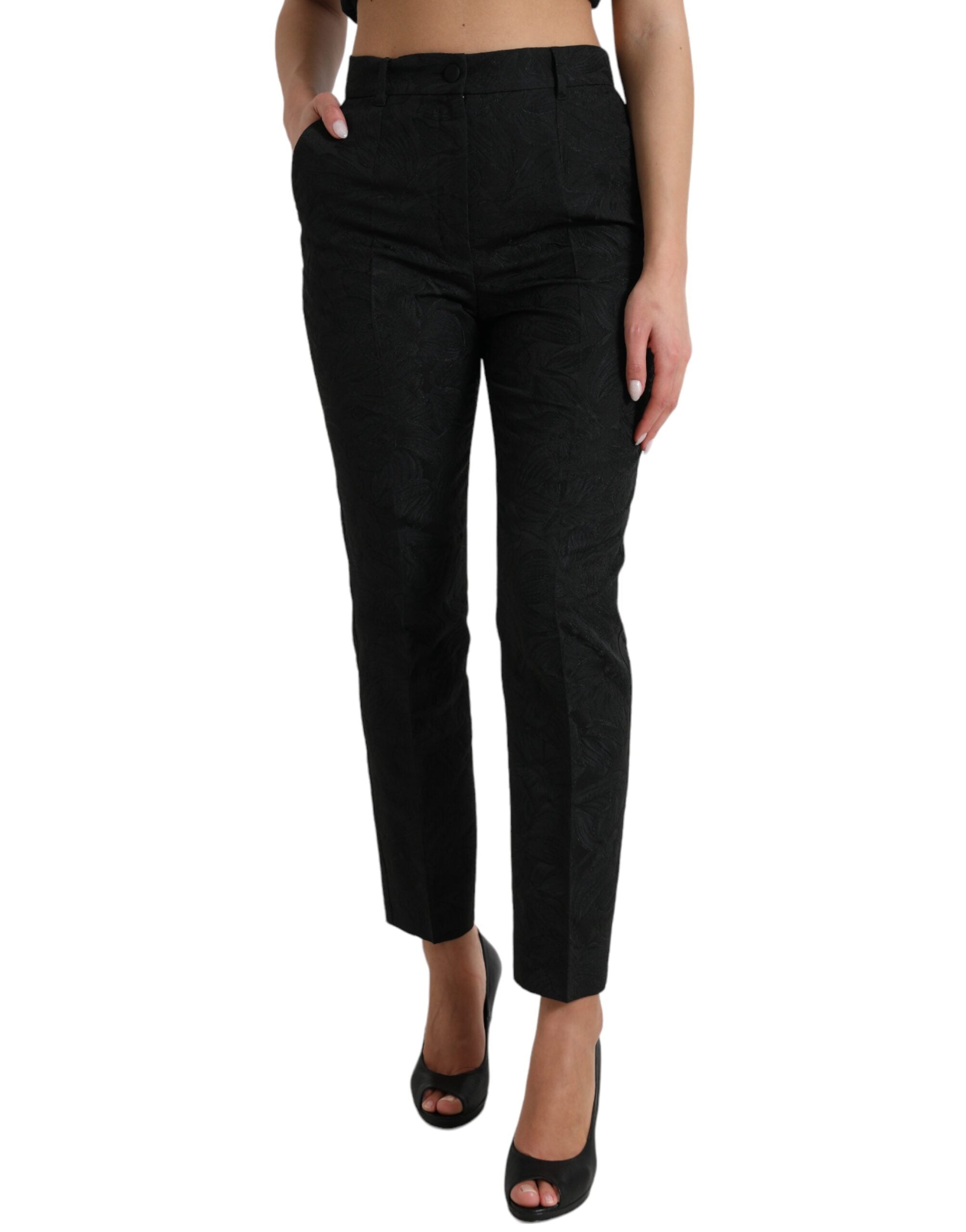 Black polyester high waist tapered pants by Dolce & Gabbana, featuring a sleek fit and tailored design.