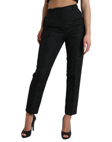 Black polyester high waist tapered pants by Dolce & Gabbana, showcasing a sleek fit and tailored design.