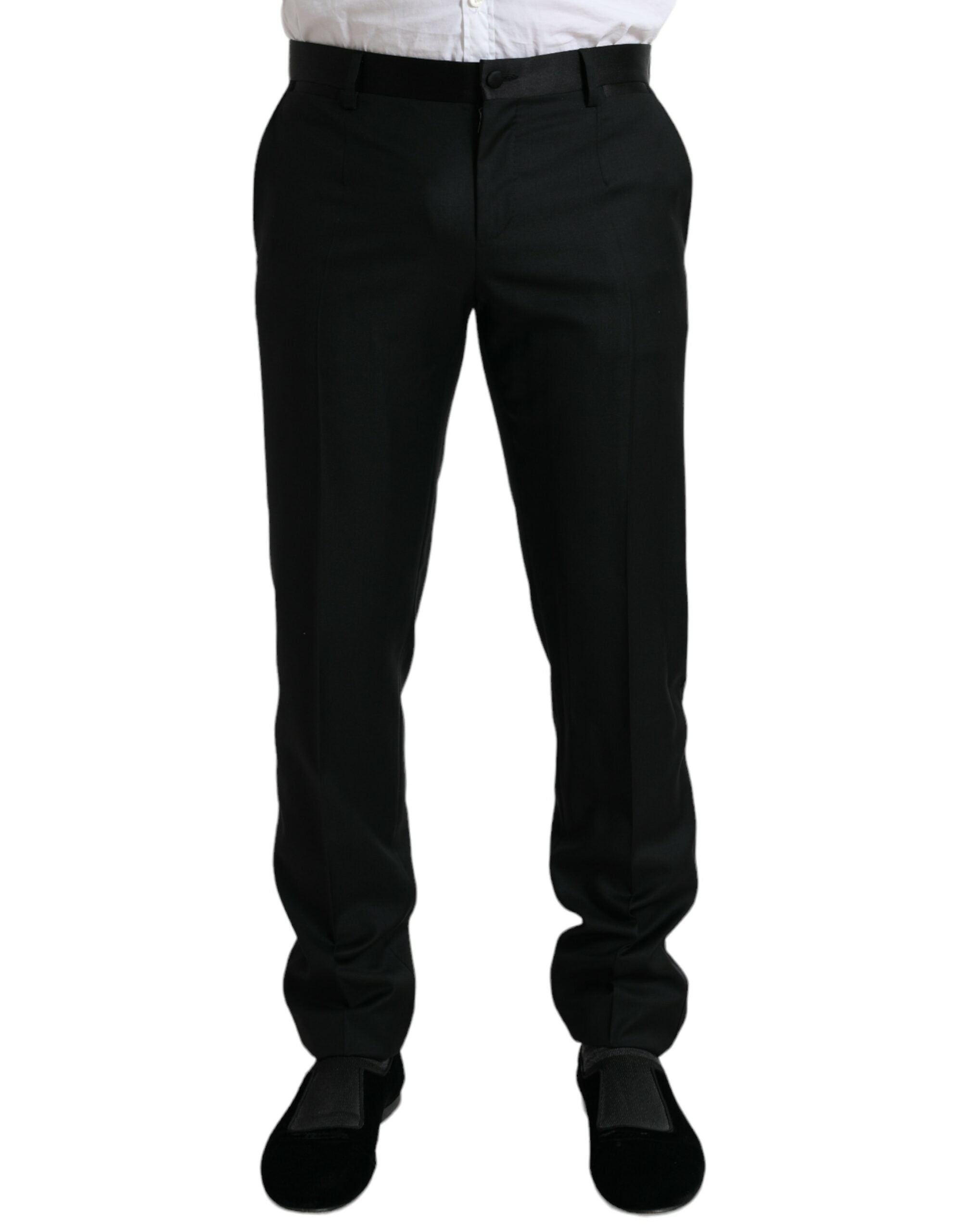 Black wool slim fit formal trousers by Dolce & Gabbana, tailored dress pants for sophisticated office or evening wear.