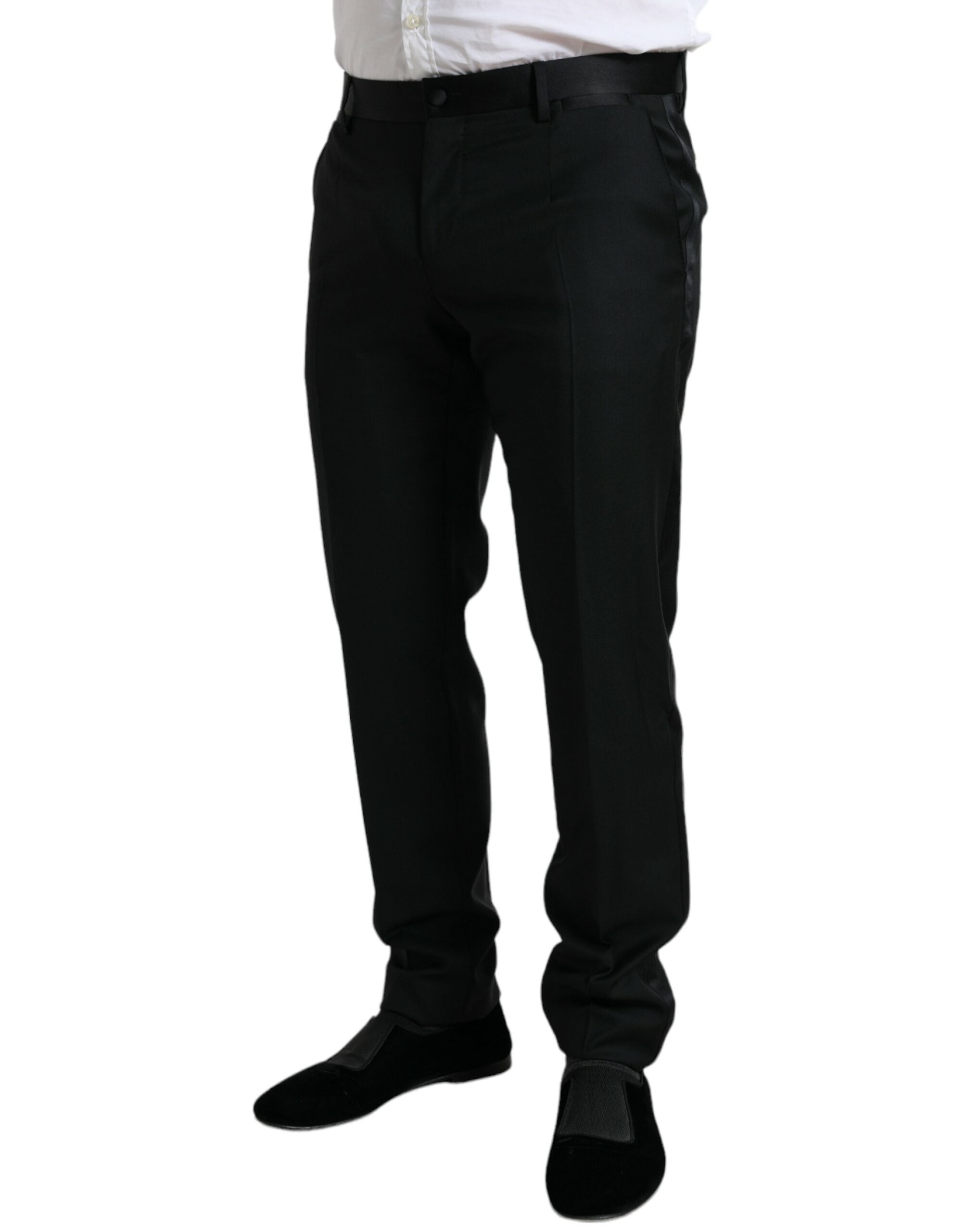Black wool slim fit formal trouser dress pants by Dolce & Gabbana, tailored with a sleek, modern design and classic fit.