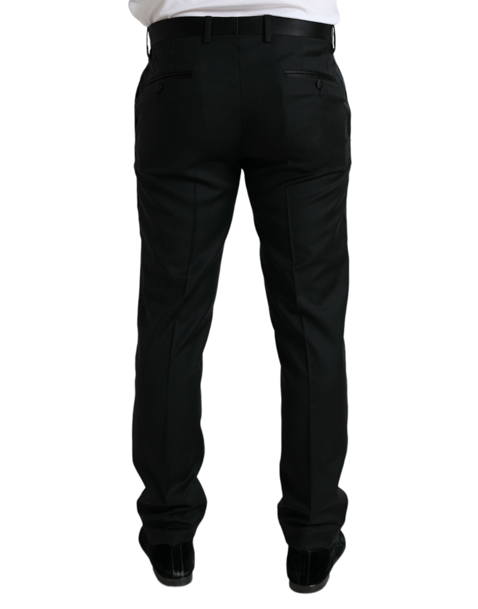 Black wool slim fit formal trousers by Dolce & Gabbana, tailored dress pants for men with a sleek, modern design.