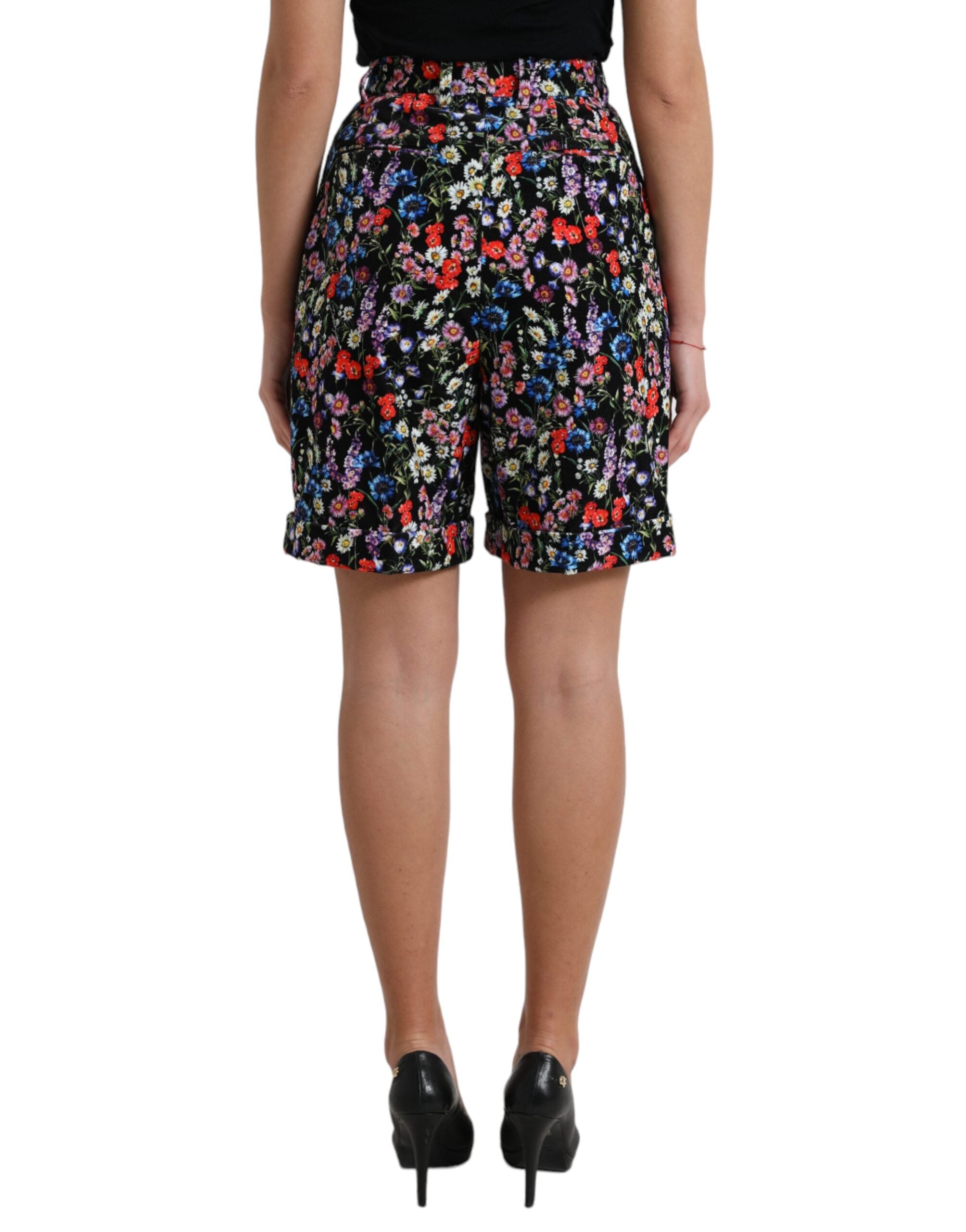 Black floral high waist hot pants shorts by Dolce & Gabbana, featuring a stylish floral print and high-rise fit.