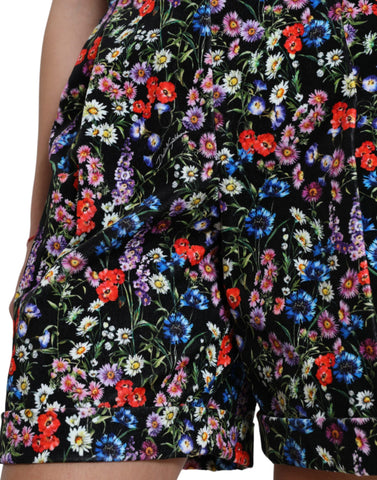 Black floral high-waist hot pants shorts by Dolce & Gabbana with a fitted design and vibrant floral pattern.